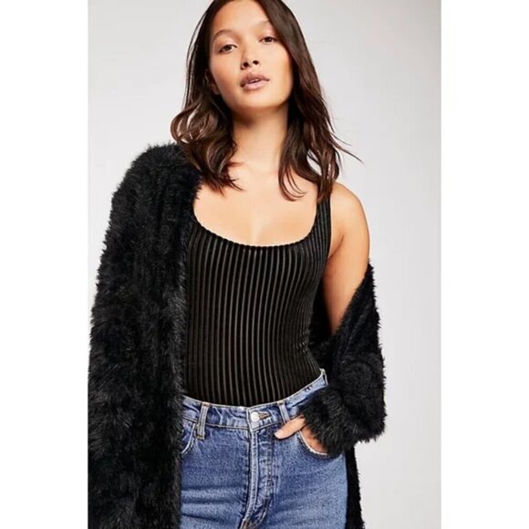 Free People Faux-Fur Open-Front Cardigan, Black, Size XS - Picture 2 of 10